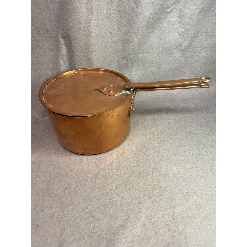 ANTIQUE‎ 19TH CENTURY 8" COPPER SAUCE PAN DOVETAILED W/LID TIN LINED